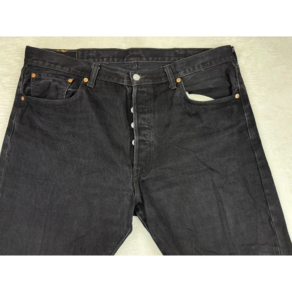 Levis 501 Original Fit Mens 38x30 Jeans Fuzzy Black Faded Grungy Washed Denim